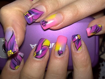 Purple Pink And Yellow Flower Nail Art