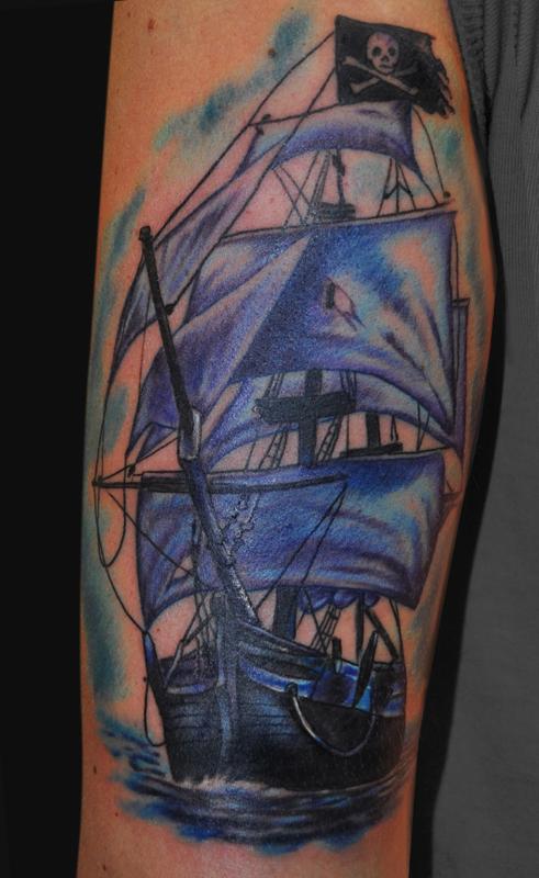 Purple Pirate Ship Tattoo
