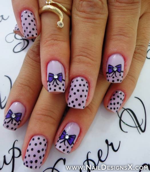 Purple Polka Dots And Bow Design Nail Art