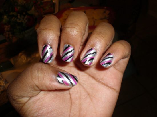 Purple Silver And Black Stripes Design Nail Art Idea