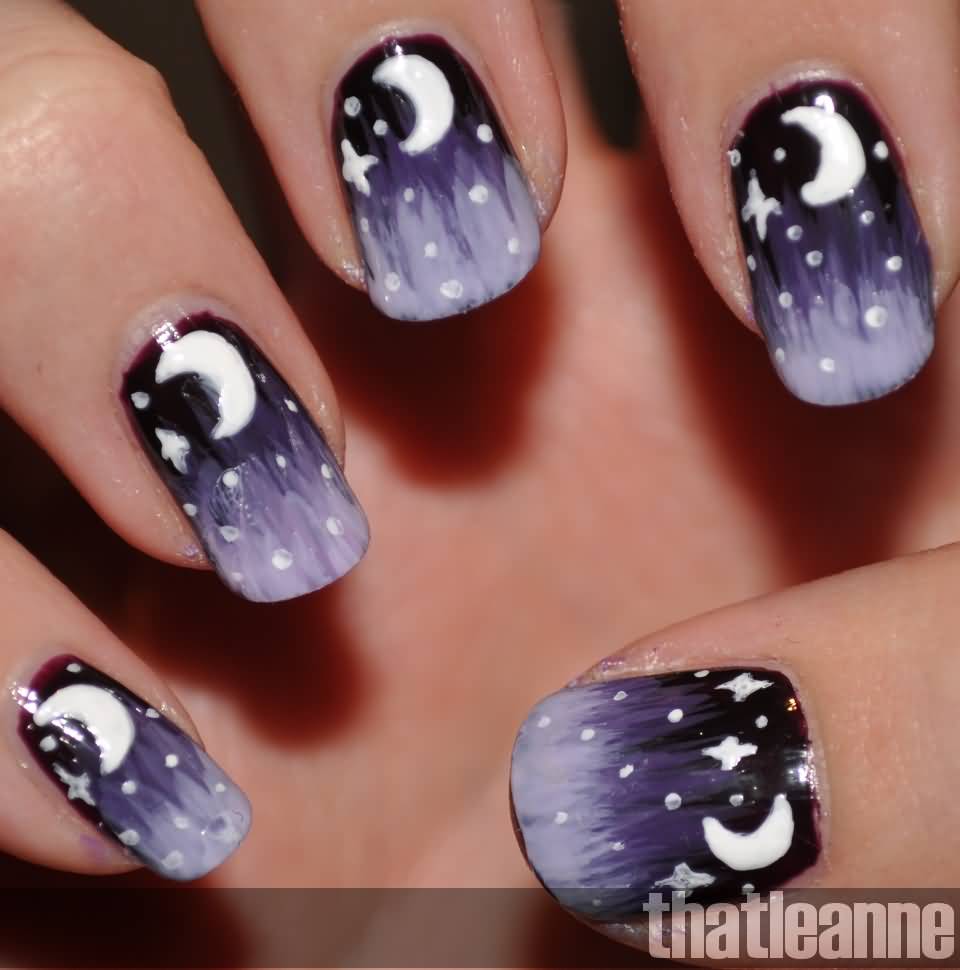 Purple Star Night Galaxy Nail Art Design