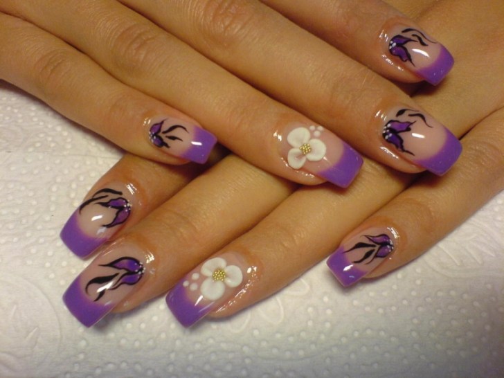 Purple Tip Nail Art With Flowers Design Idea