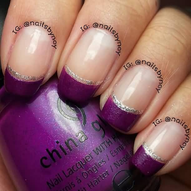 Purple Tip Nail Art With Silver Lines Design