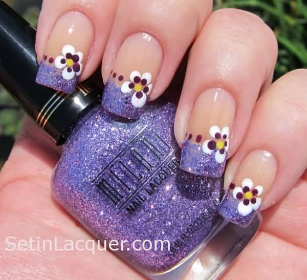 Purple Tips With Dotted Flowers Nail Art