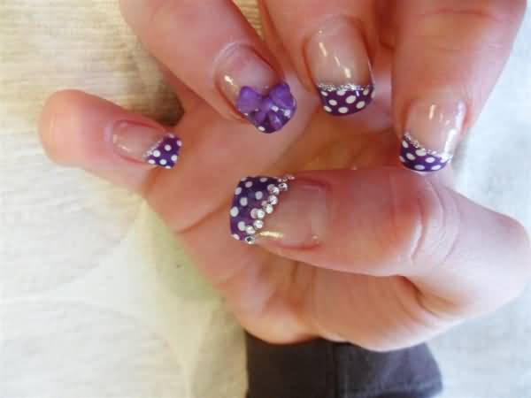 Purple Tips With White Polka Dots And 3D Bow Design Nail Art
