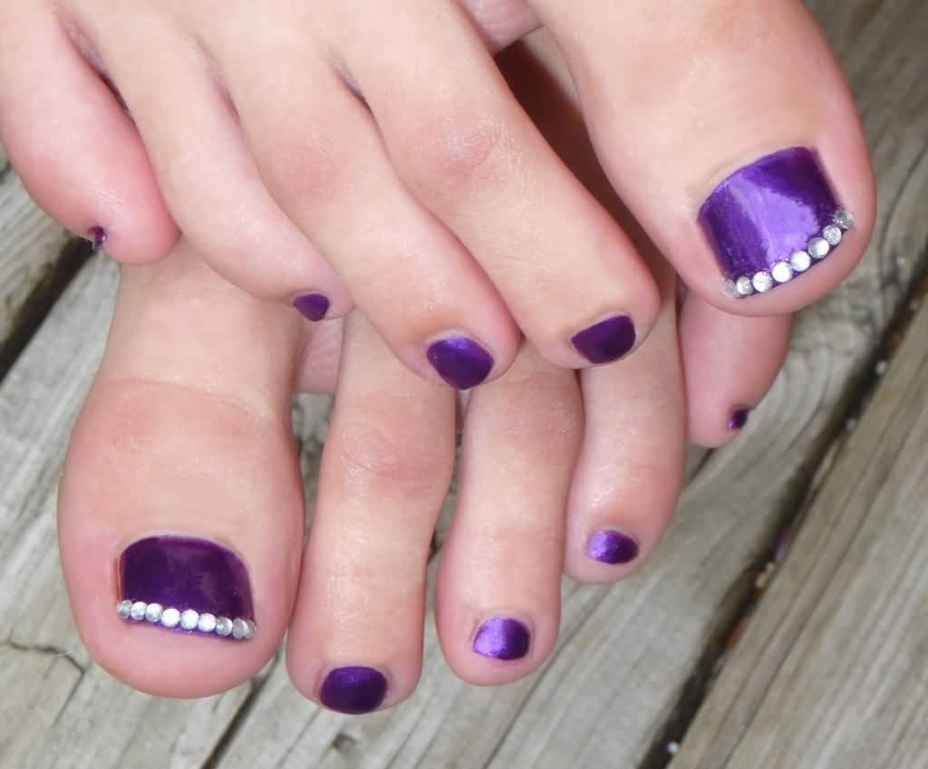 Purple Toe Nails With Rhinestones Tip Design Idea