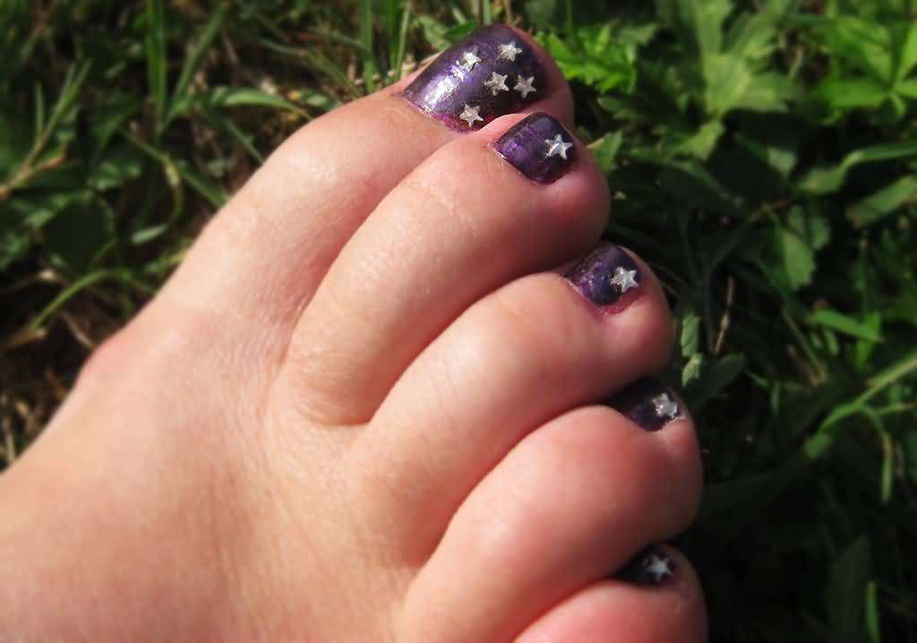 Purple Toe Nails With Silver Stars Design Idea