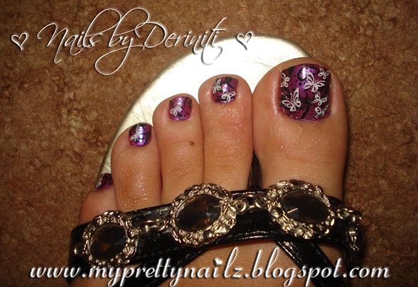 Purple Toe Nails With White Butterflies Design Nail Art