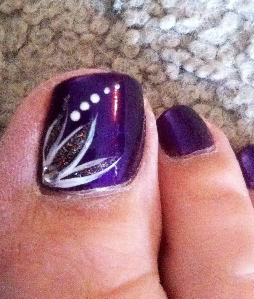 Purple Toe Nails With White Floral Design Idea