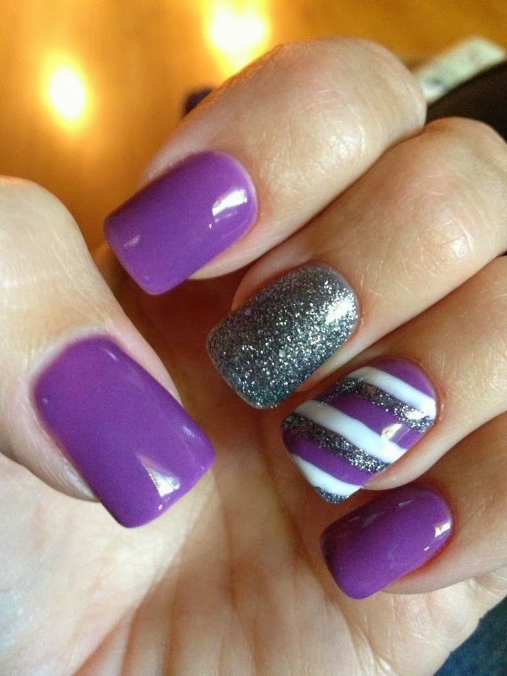 Purple White And Silver Glitter Stripes Design Nail Art