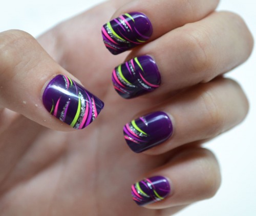 Purple nails With Neon Stripes Design Nail Art
