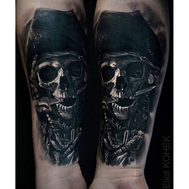 Realistic Black Pirate Skull Tattoo On Forearm By Killerinktattoo