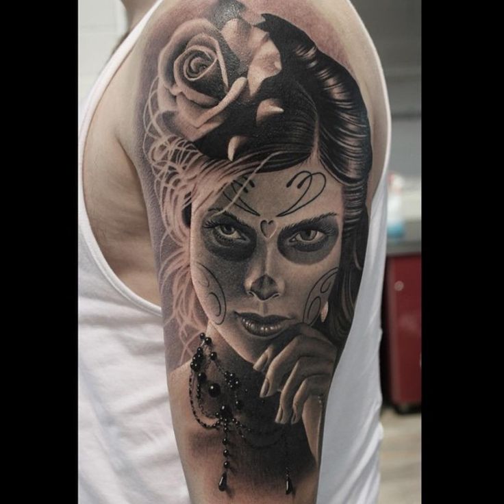 Realistic Catrina Tattoo On Left Half Sleeve