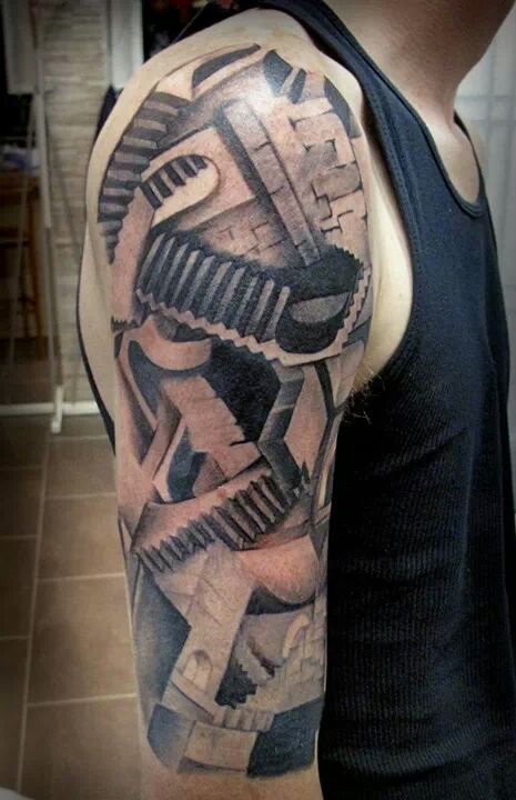 Realistic Escher Stairs Tattoo On Right Half Sleeve