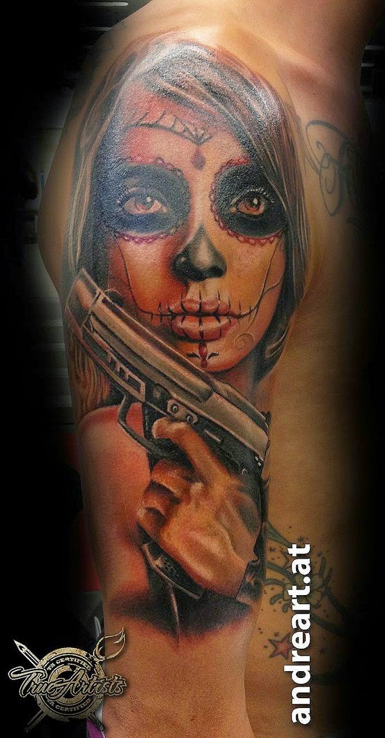Realistic Gangster Catrina Tattoo On Half Sleeve