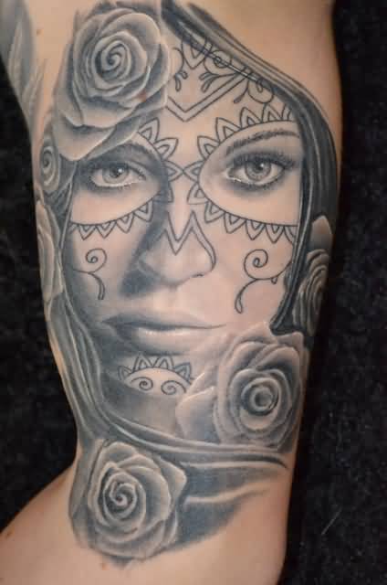 Realistic Grey Catrina Face Tattoo On Half Sleeve
