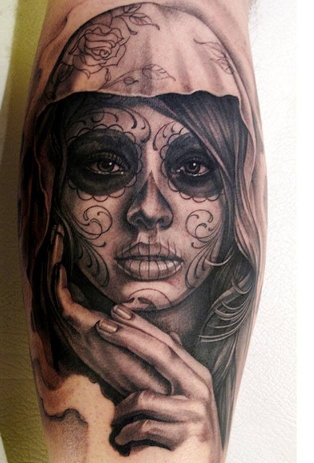 Realistic Grey Catrina Tattoo On Arm