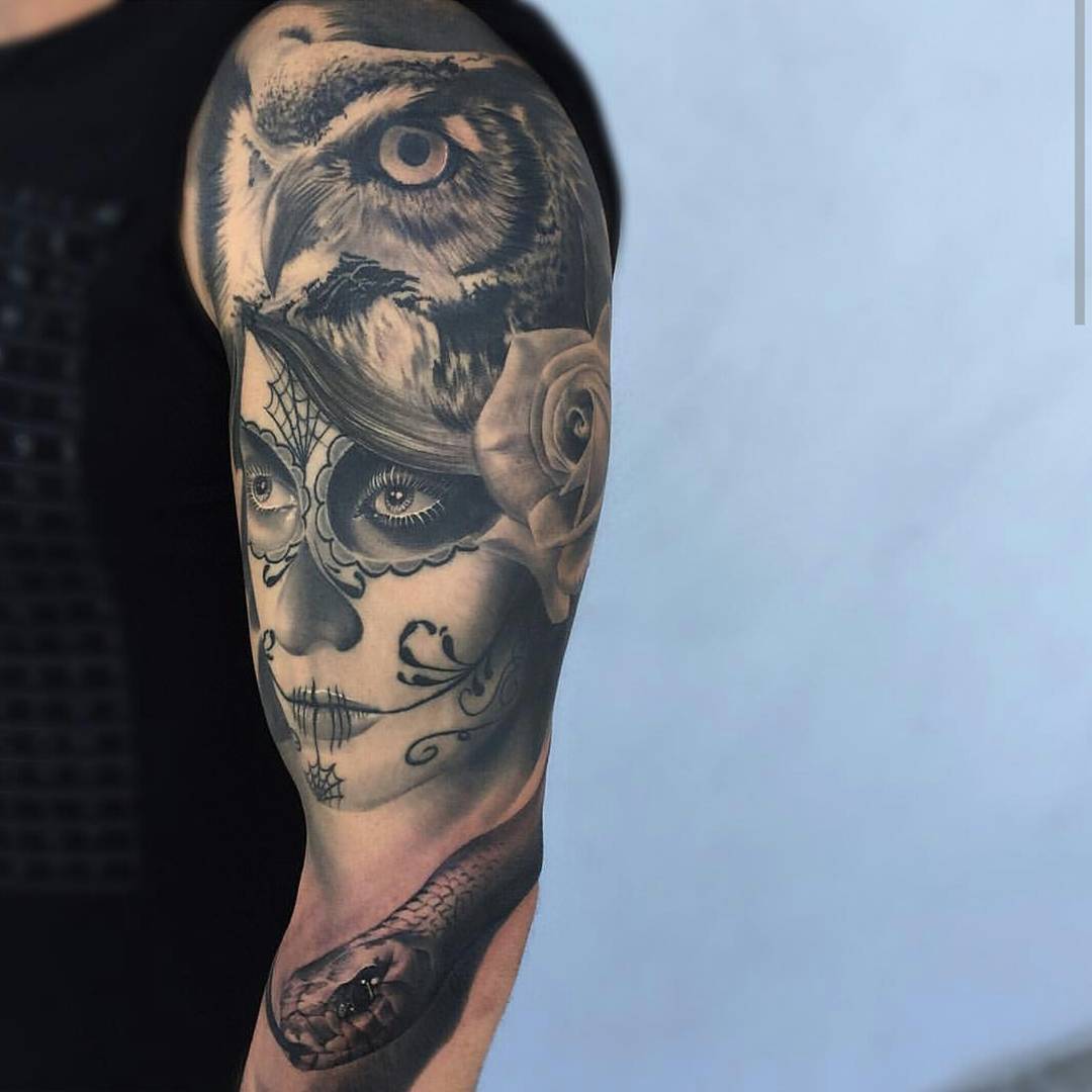Realistic Owl And Catrina With Snake Tattoo On Left Half Sleeve