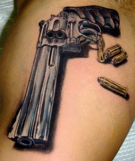 Realistic Pistol And Bullets Weapons Tattoo By Stefano
