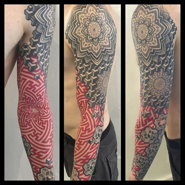 Red And Black Ink Escher Mandala Tattoo On Left Full Sleeve