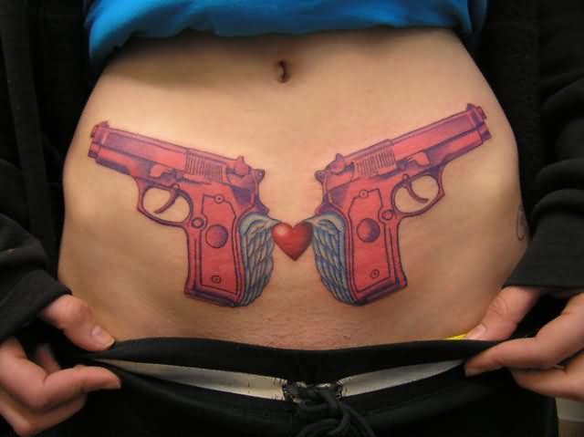 Red Guns Weapons Tattoo On Belly