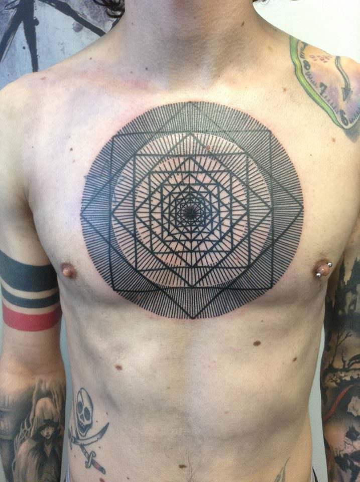 Repetitive Lines And Geometric Shapes Escher Tattoo On Chest