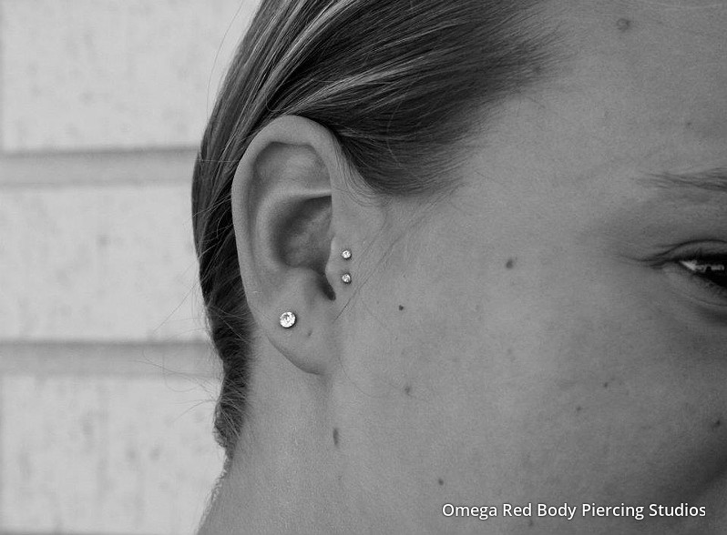 Right Ear Lobe And Double Tragus Piercing Picture For Girls
