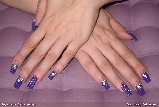 Royal Purple And Silver Nail Art Design idea
