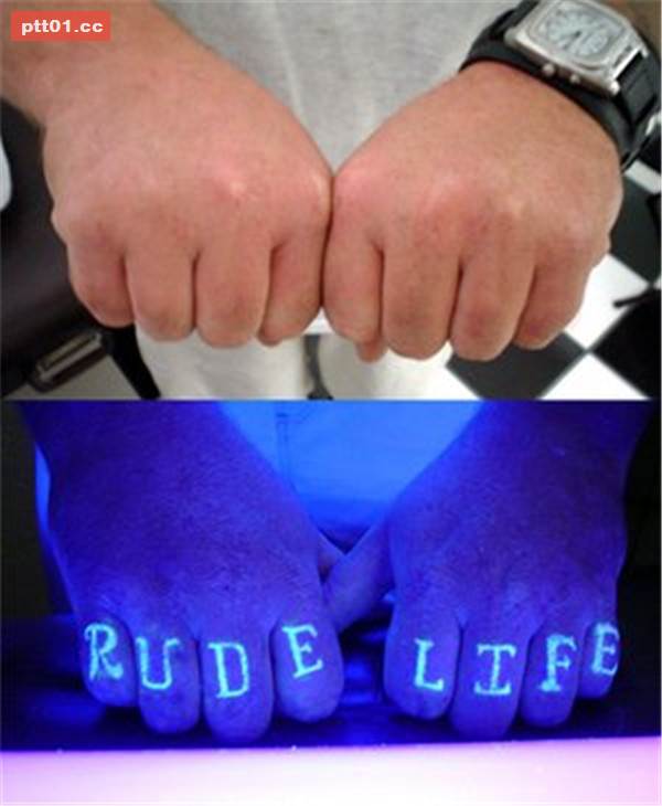 Rude Life With And Without Light UV Tattoo On Both Fingers