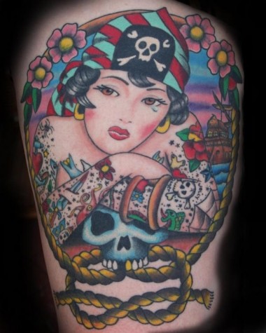 Sad Pirate Girl With Skull Traditional Tattoo By Jeff Covell