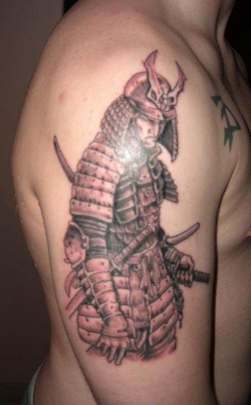 Samurai With Weapons Tattoo On Right Half Sleeve
