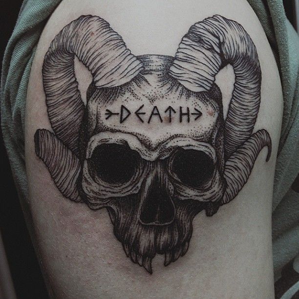 Satan Death Tattoo On Right Shoulder By Sasha
