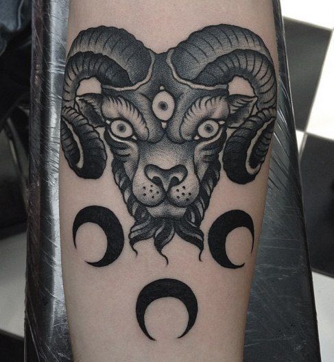 Satan Goat With Half Moons Tattoo On Forearm