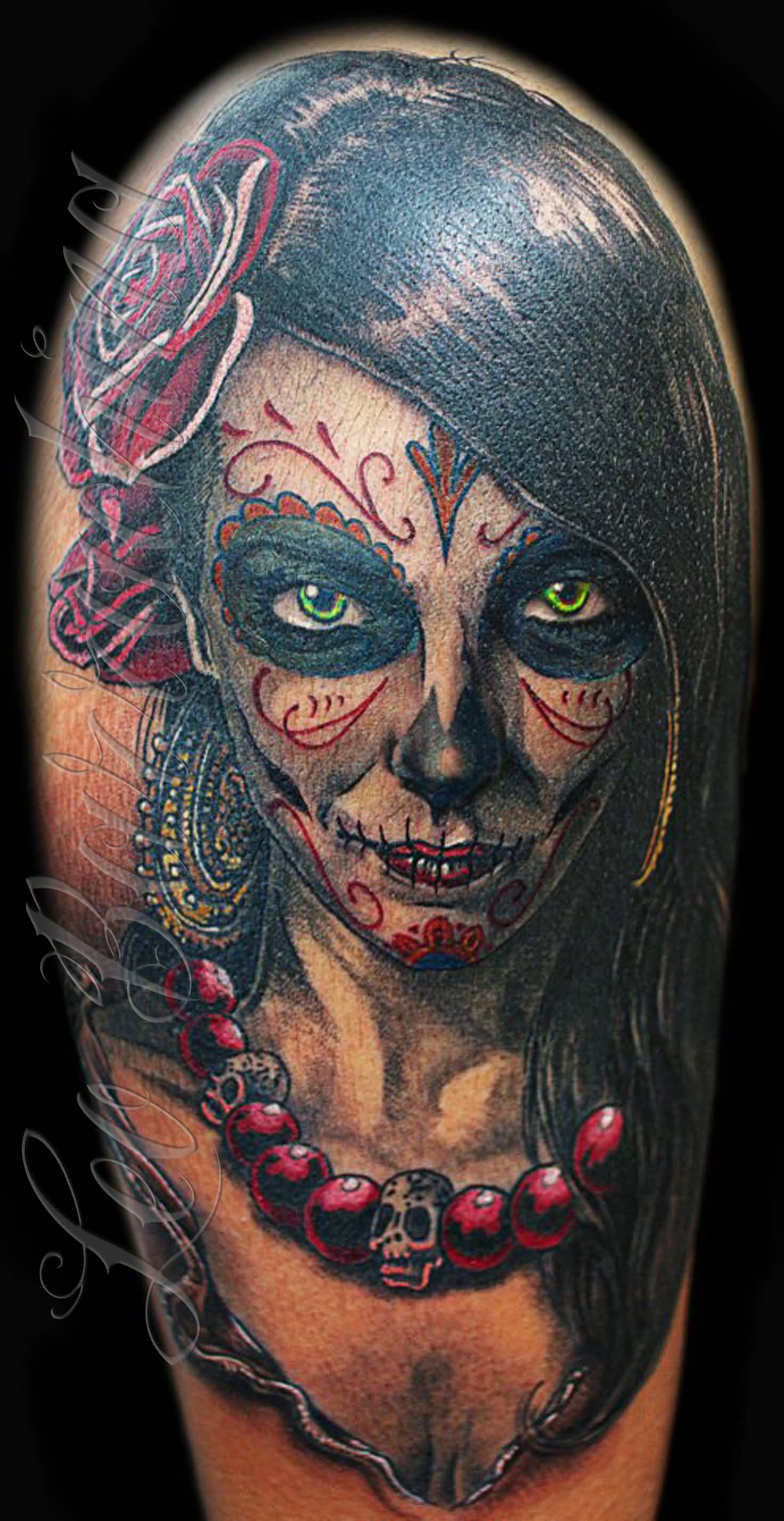 Scary Catrina Tattoo On Half Sleeve