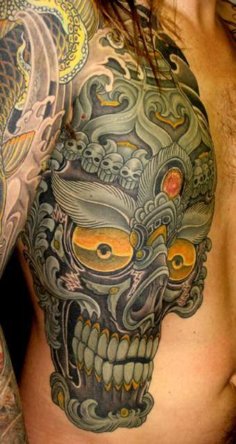 Scary Colored Tibetan Skull Tattoo