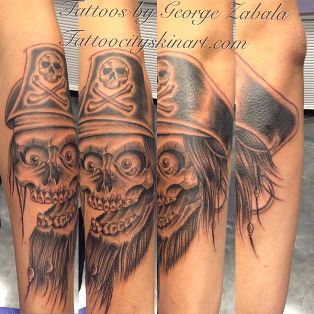 Scary Grey Pirate Skull Tattoo On Arm