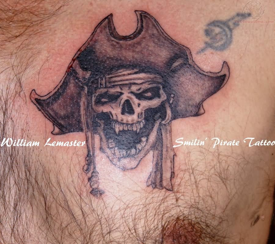 Scary Grey Pirate Skull Tattoo On Chest