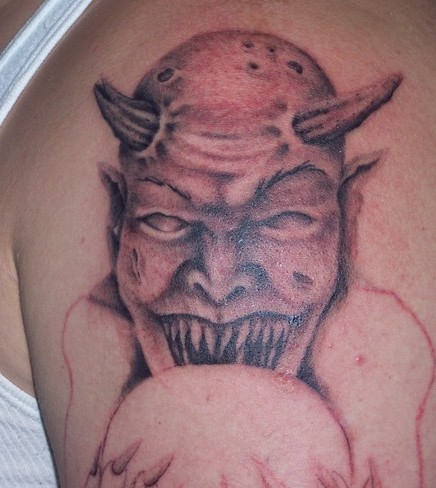 Scary Grey Satan Tattoo On Left Shoulder