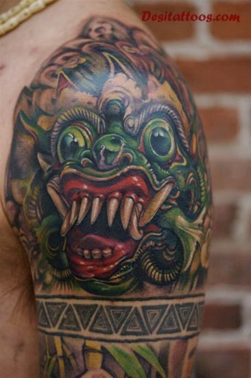 Scary Tibetan Dragon Tattoo On Left Half Sleeve