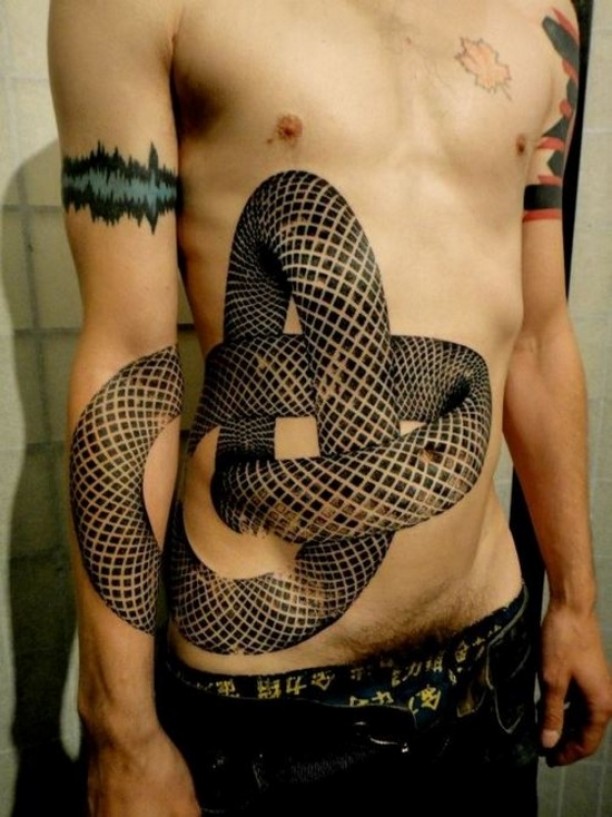 Schalnge 3D Escher Tattoo On Stomach And Arm