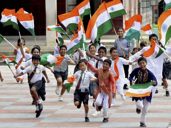 School Kids Running With Indian Flags Happy Independence Day Of India