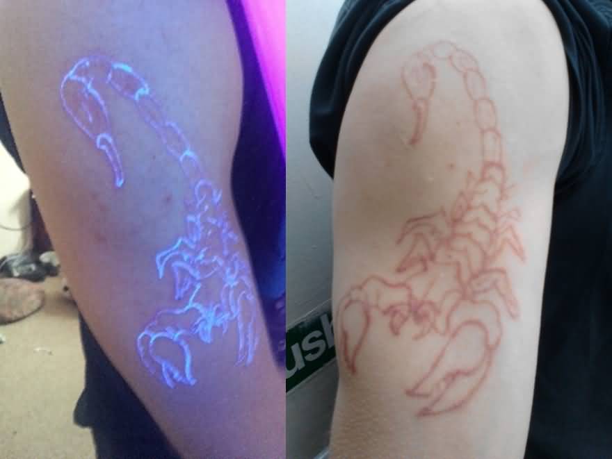 Scorpion Normal Light And Black Light UV Tattoo On Half Sleeve