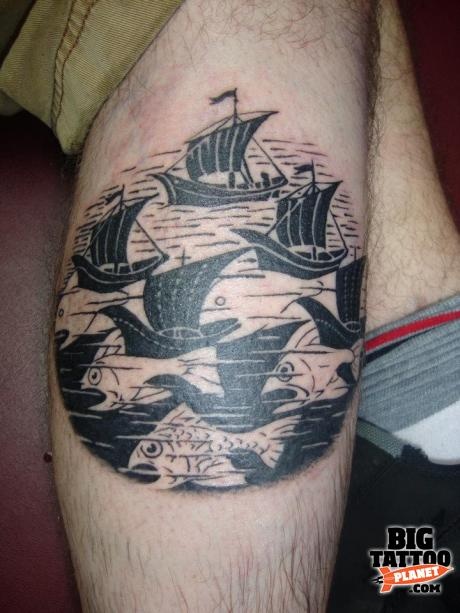 Sea Boat Morphing Into Birds With Fish Escher Tattoo On Leg