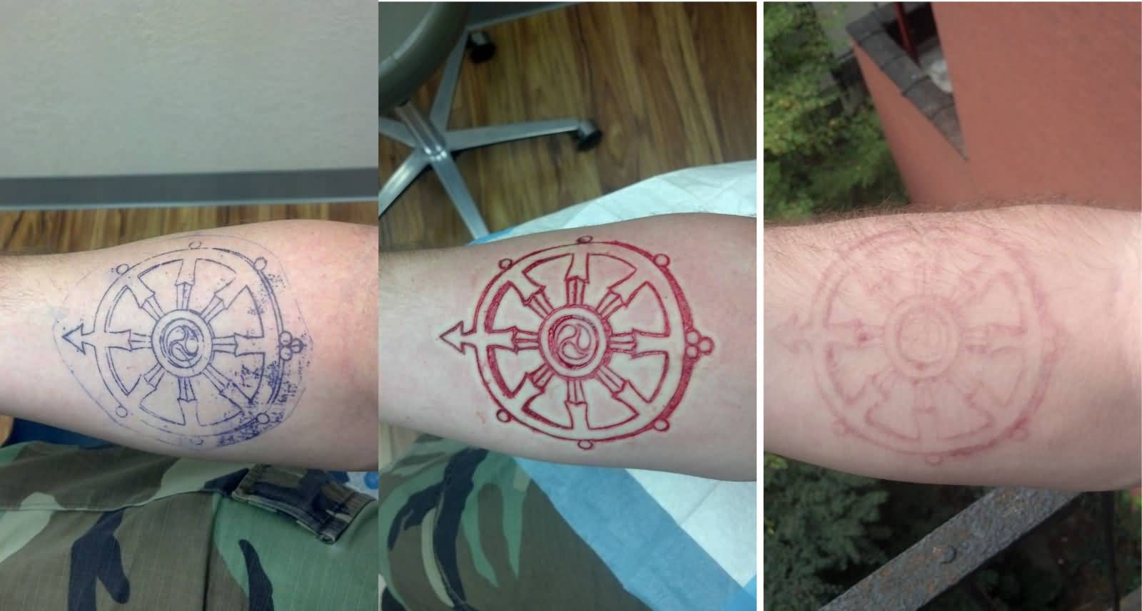 Ship Wheel Scarification Tattoo On Forearm