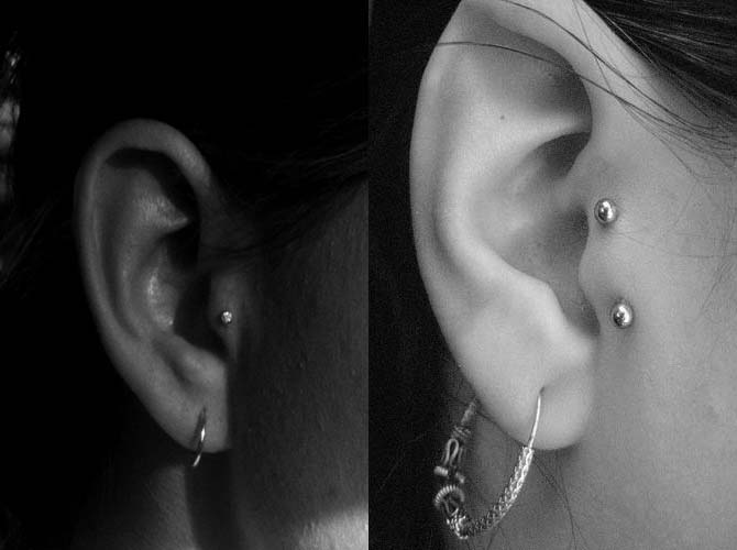 Silver Barbell Double Tragus Piercing On Right Ear