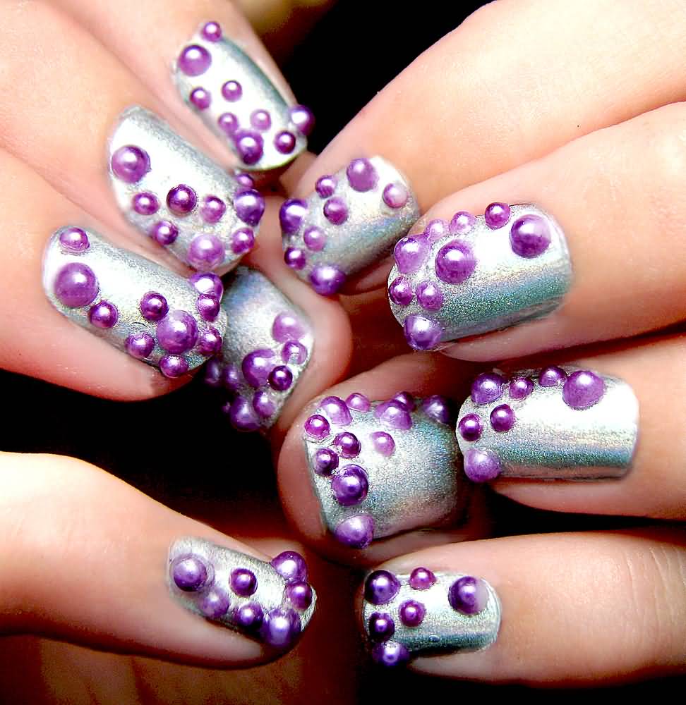 Silver Nails With Purple 3D Polka Dots Nail Art