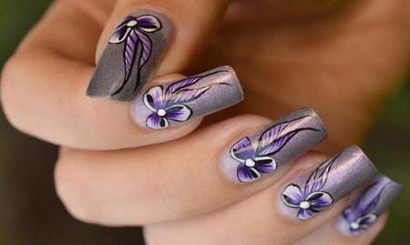 Silver Nails With Purple Flowers Nail Art