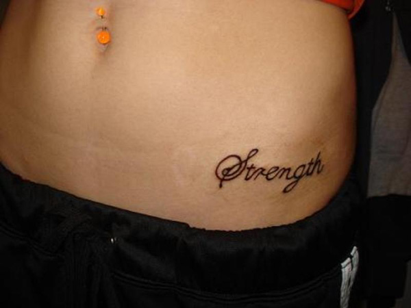 Simple Strength Word Tattoo On Left Hip