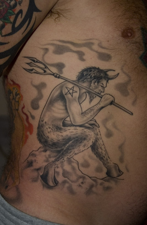 Sitting Satan Tattoo On Side Rib