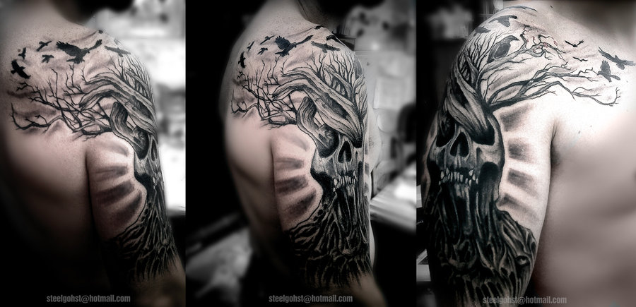 Skull Tree Of Life With Birds Tattoo On Right Half Sleeve